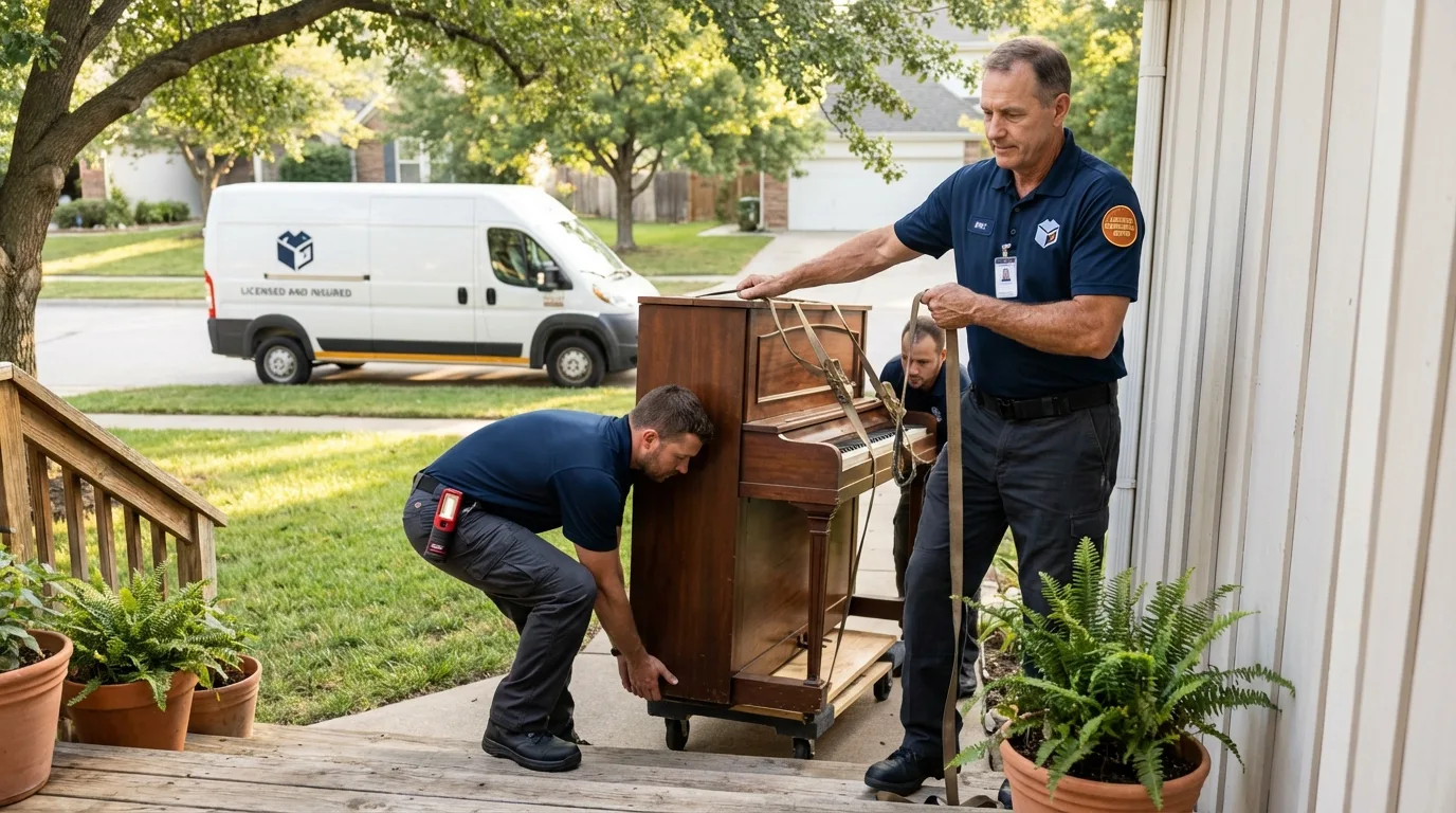 Licensed piano movers securing grand piano in Earlville, IL