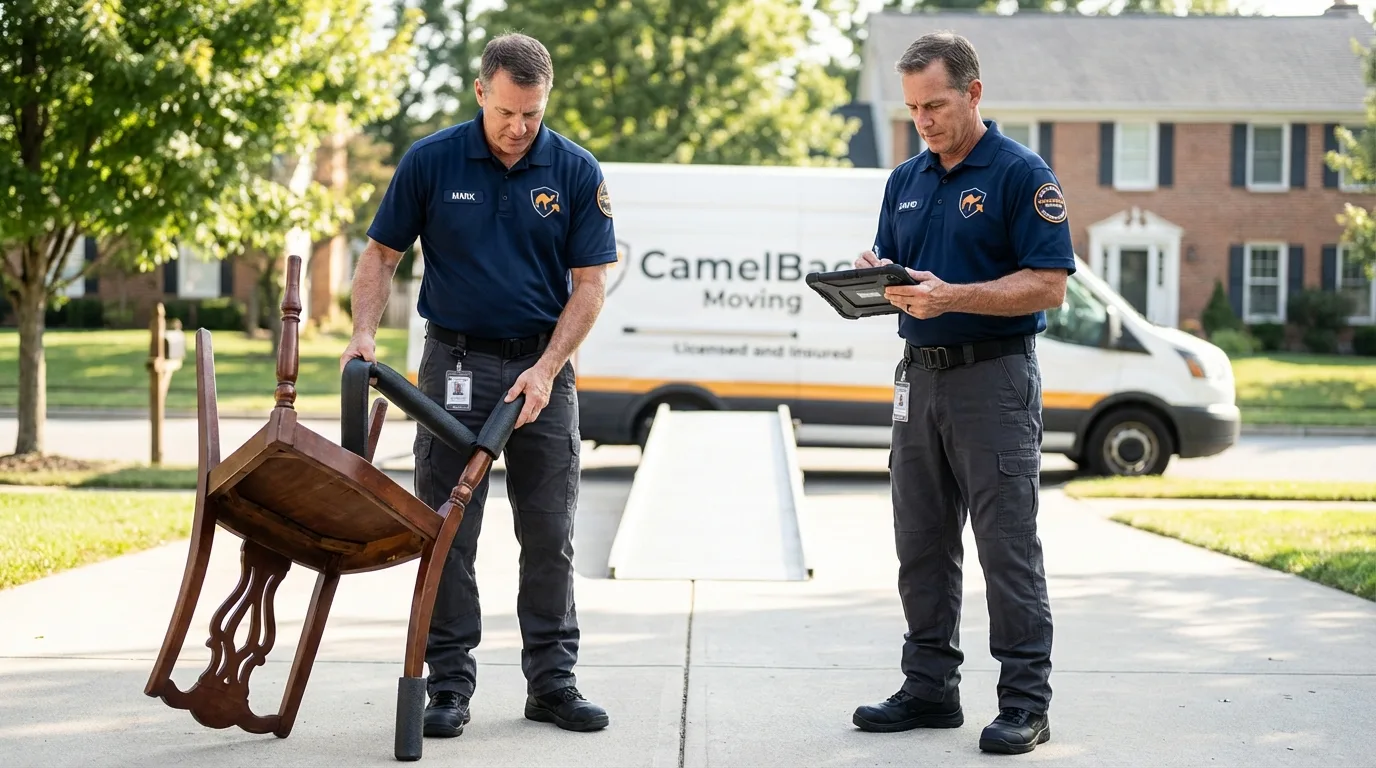 Movers inspecting furniture for damage prevention before loading in Earlville, IL