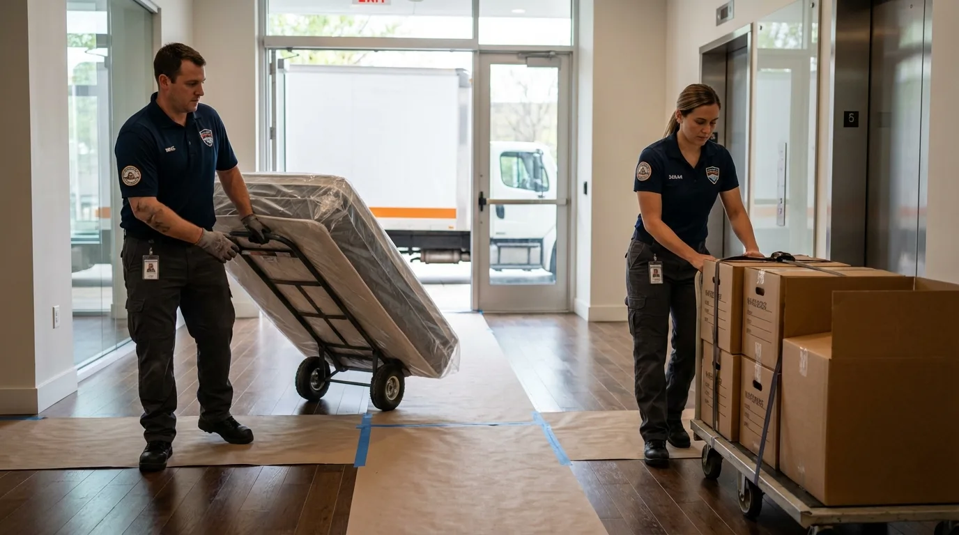 Professional apartment movers loading elevator in Earlville, IL