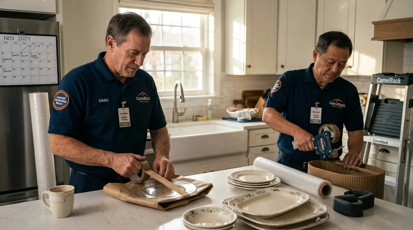Professional crew packing kitchen dishware in Earlville, IL